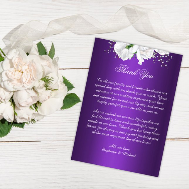 Carte De Remerciements Élégant Mariage floral violet et blanc (Créateur téléchargé)