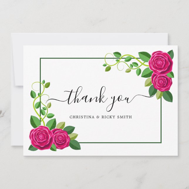 Carte De Remerciements Élégant Mariage Fuchsia Rose Rose Bouquet Fleurs (Devant)