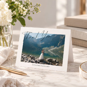 Carte De Remerciements Élégant Mariage Minimaliste Écriture Photo Pliée