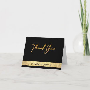 Carte De Remerciements Élégant Mariage moderne Black & Gold Foil