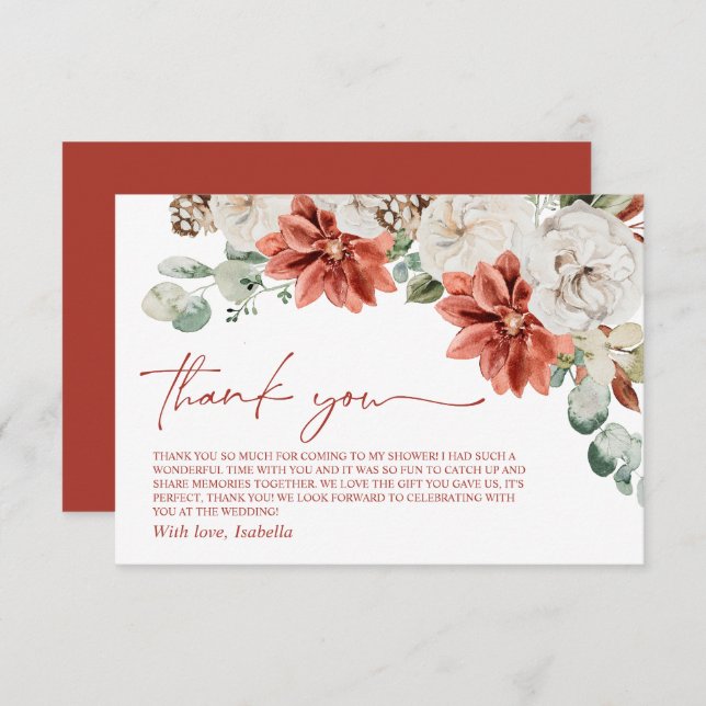 Carte De Remerciements Élégant Mariage Moderne Rouge Noël Hiver Shower de (Devant / Derrière)