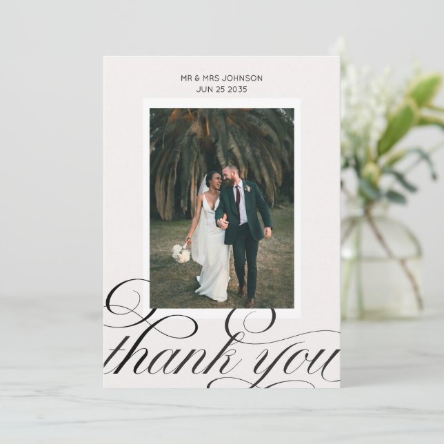 Carte De Remerciements Élégant Mariage Photo De Script De Calligraphie De (Debout devant)