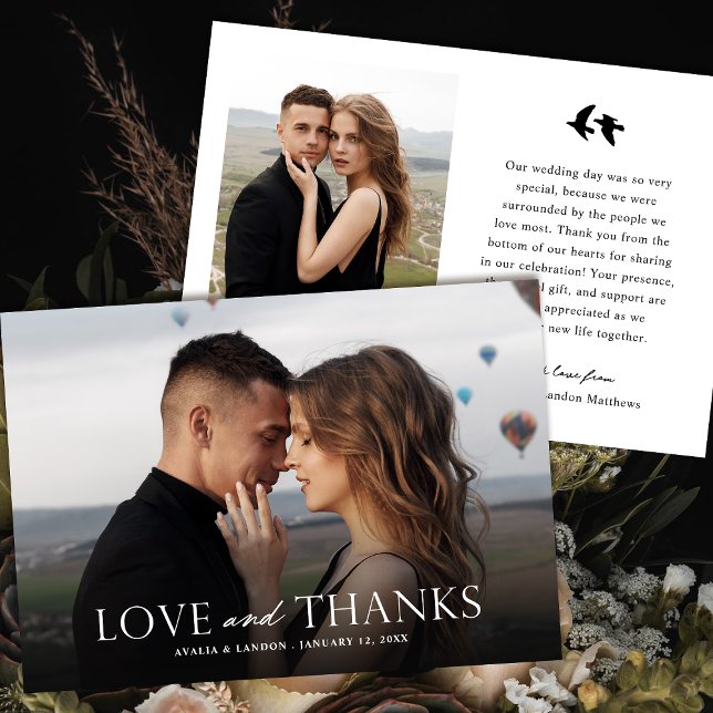 Carte De Remerciements Élégant Mariage photo noir et blanc | Oiseaux (Créateur téléchargé)