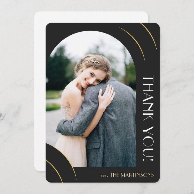 Carte De Remerciements Élégant Mariage photo noir et or (Devant / Derrière)