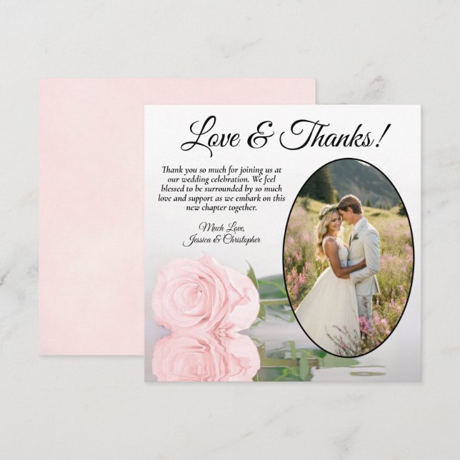 Carte De Remerciements Élégant Mariage photo rose rose rose pâle (Devant / Derrière)