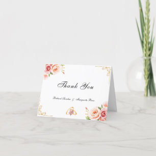 Carte De Remerciements Élégant Mariage rose floral avec bordure or