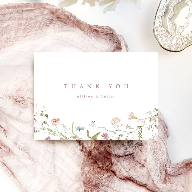 Carte De Remerciements Élégant mariage rustique bohème Fleur sauvage rose (Elegant Dusty Pink Wildflower Rustic Boho Wedding Thank You Card)