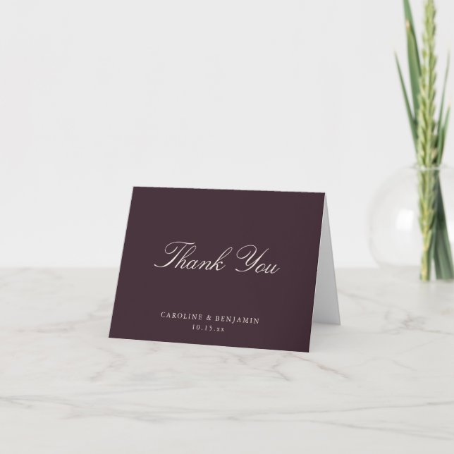 Carte De Remerciements Élégant Mariage Script Plié Foncé Bordeau (Devant)