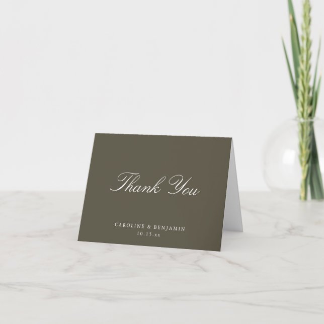 Carte De Remerciements Élégant Mariage Script Plié Olive Brun (Devant)
