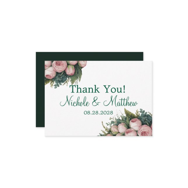 Carte De Remerciements Élégant Mariage vert Wreath Pink Buds (Devant/Arrière en situation)