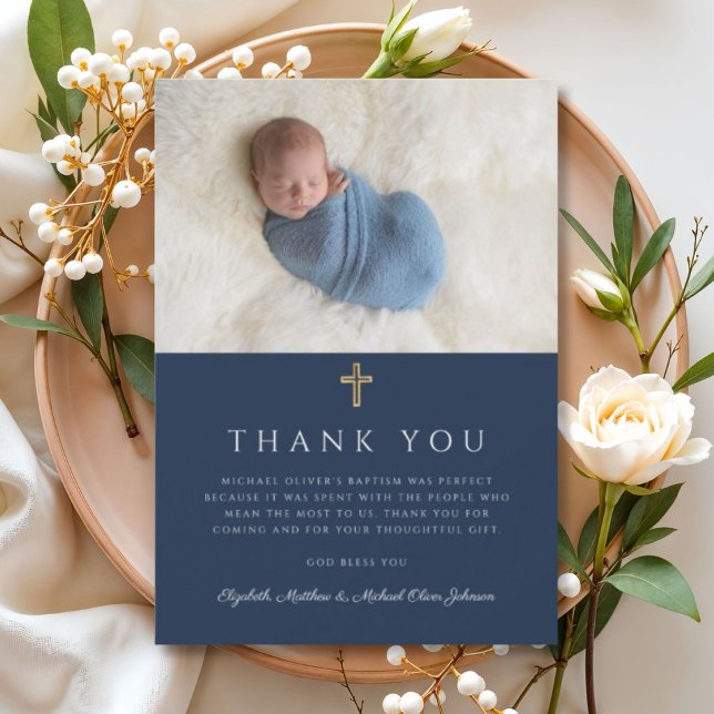 Carte De Remerciements Elegant Marine Bleu Religieux Garçon Photo (Elegant Navy Blue Religious Boy Photo Thank You Card)