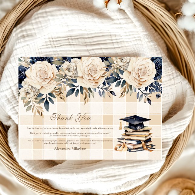 Carte De Remerciements Elégant Marine Blue Floral Graduation (Créateur téléchargé)