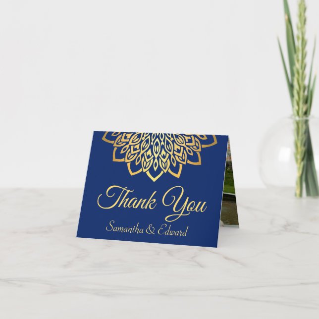 Carte De Remerciements Elegant Marine Blue Gold Mariage photo (Devant)