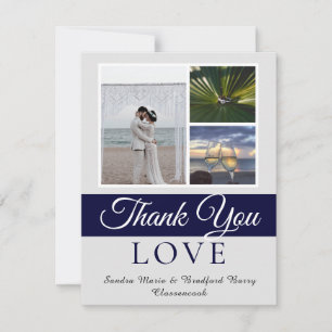 Carte De Remerciements Elégant Marine Blue Script Mariage Photo collage