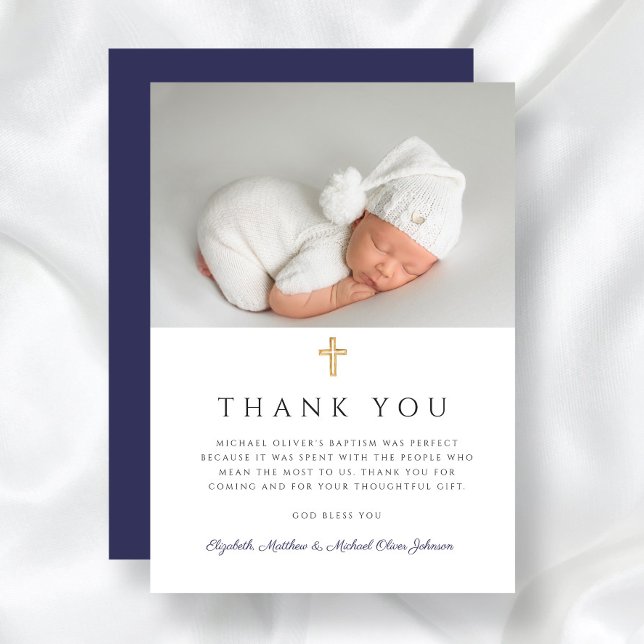 Carte De Remerciements Elégant Marine Croix Bleue Boy Baptism Photo (Elegant Navy Blue Cross Boy Baptism Photo Thank You Card)