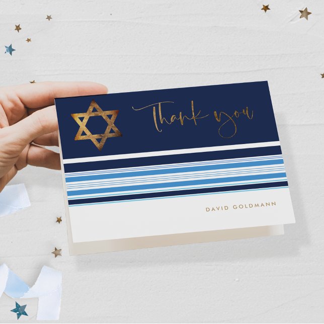 Carte De Remerciements Élégant Marine et Gold Tallit Bar Mitzvah replié (Créateur téléchargé)
