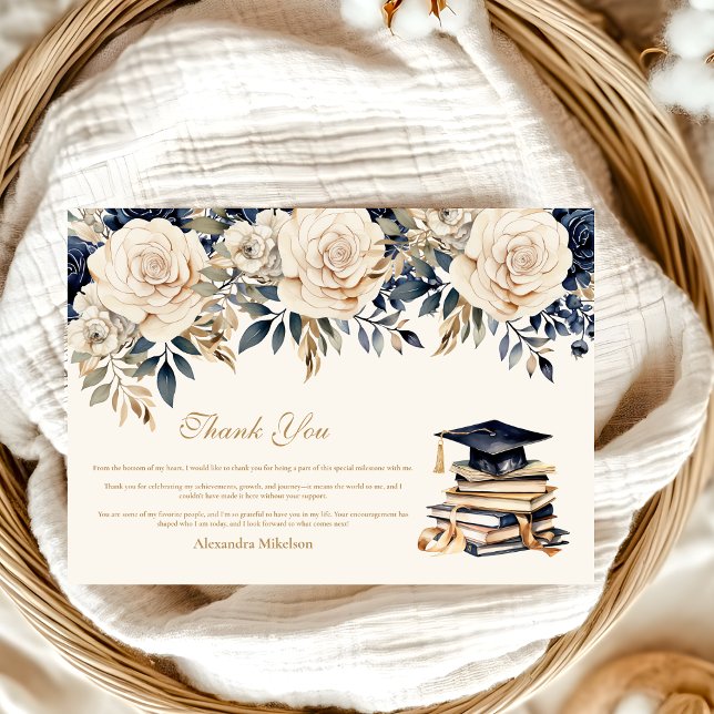 Carte De Remerciements Elégant Marine Gold Floral Graduation (Créateur téléchargé)