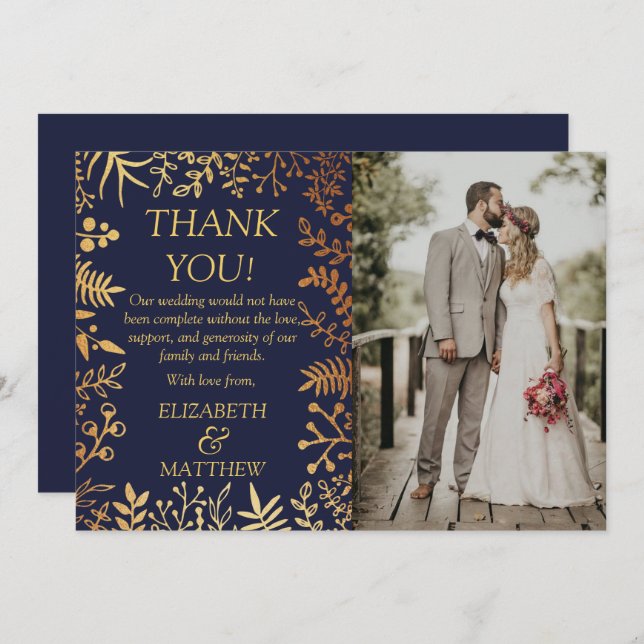 Carte De Remerciements Elegant Marine & Gold Floral Mariage Photo (Devant / Derrière)