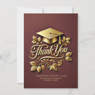 Carte De Remerciements Élégant Maroon Gold Casquette Leaf Graduation