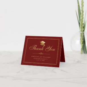 Carte De Remerciements Élégant Maroon Gold Script Casquette Graduation