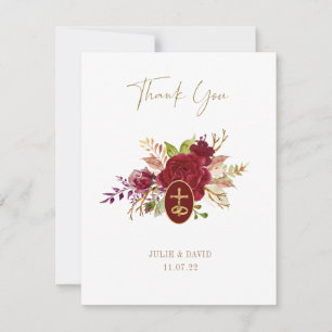 Carte De Remerciements Élégant Marsala Floral Croix Dorée Mariage