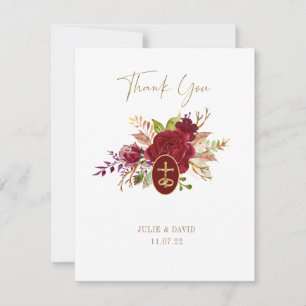 Carte De Remerciements Élégant Marsala Floral Croix Dorée Mariage Remerci