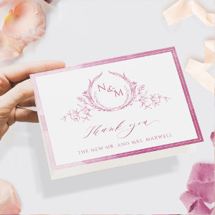 Carte De Remerciements Elegant Mauve Pink Monogram, Watercolor Wedding