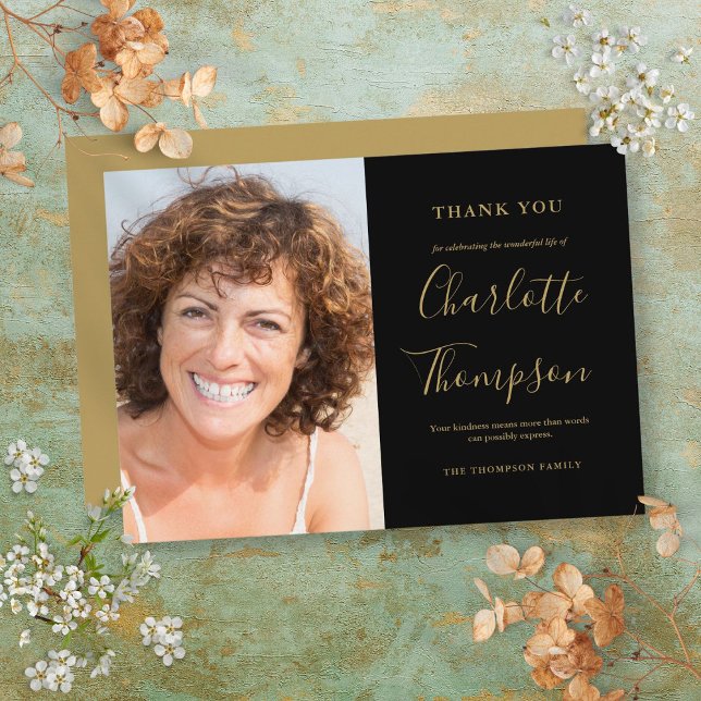 Carte De Remerciements Élégant Mémorial de l'or - Photo funéraire (Elegant Gold Memorial Funeral Photo Thank You Card)
