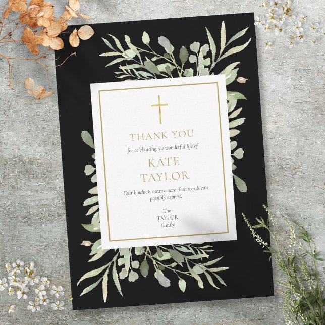 Carte De Remerciements Élégant Mémorial funéraire Gold Black Greenery (Elegant Gold Black Greenery Funeral Memorial Thank You Card)