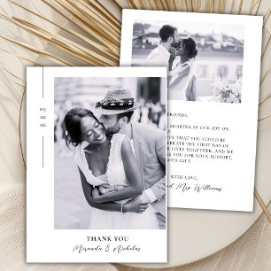Carte De Remerciements Élégant Minimaliste Noir Script 2 Photo Mariage Th