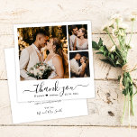 Carte De Remerciements Élégant minimaliste Script 3 Photo Collage Mariage<br><div class="desc">Simple minimaliste Élégant "Merci" Script 3 Photo Collage personnalisé Mariage Carte de remerciements. Élégant modèle mariage avec trois (3) photos sur le devant (grille photo collage) et une photo sur le côté arrière. Avec le texte "Merci" dans une police tourbillonnant de typographie lettrée en noir sur arrière - plan blanc....</div>