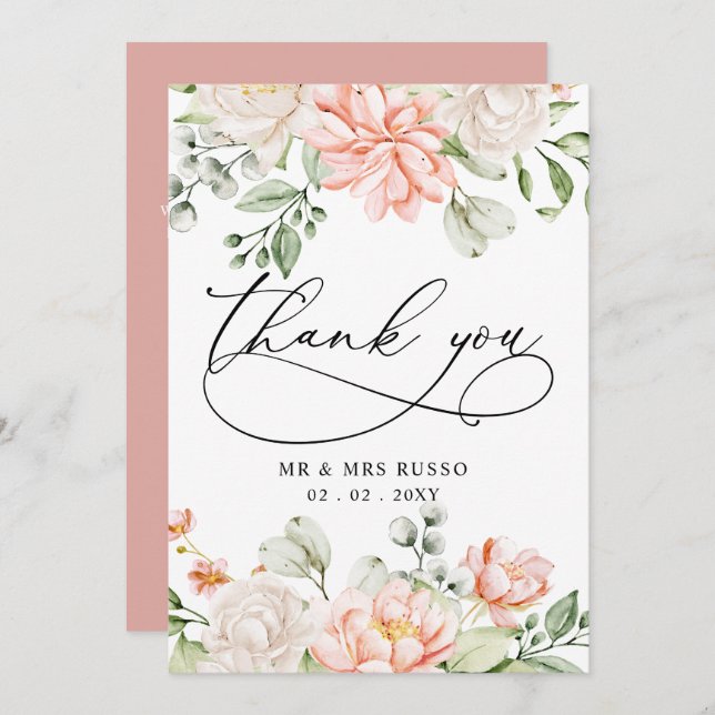 Carte De Remerciements Elegant Modern Botanical Blush Pink Floral Wedding (Devant / Derrière)