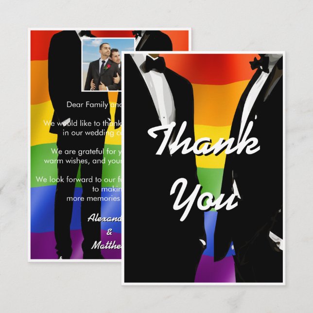 Carte De Remerciements Elegant Modern Gay Men Wedding Rainbow (Devant / Derrière)