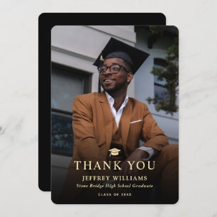 Carte De Remerciements Elégant moderne Black and Gold Photo Graduation