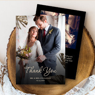 Carte De Remerciements Elégant moderne Black Gold Botanical Mariage Photo