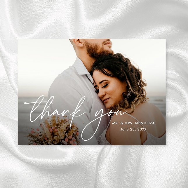 Carte De Remerciements Élégant Moderne Simple Main Lettré Photos Mariage (Créateur téléchargé)