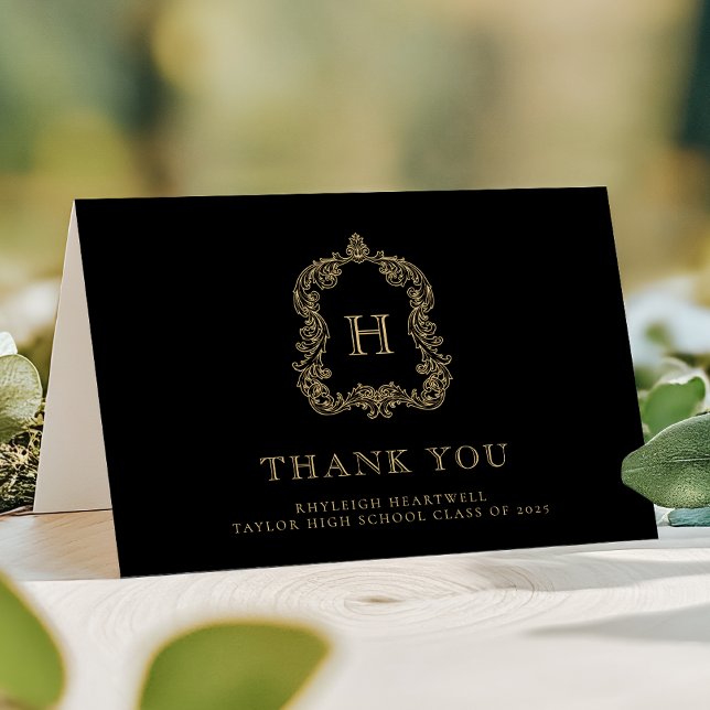 Carte De Remerciements Élégant Monogram Crest Black Gold Graduation (Créateur téléchargé)