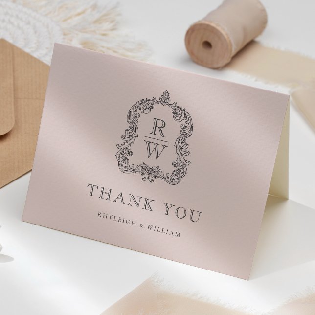 Carte De Remerciements Élégant Monogram Crest Blush Pink Mariage (Créateur téléchargé)