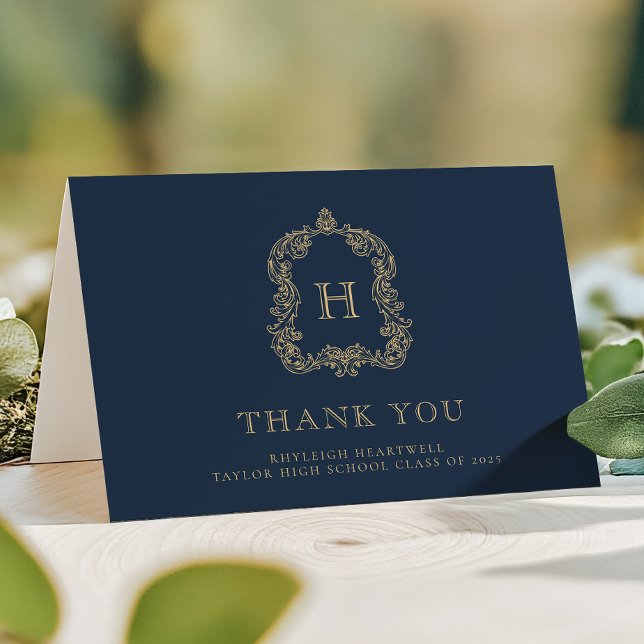 Carte De Remerciements Élégant Monogram Crest Marine Blue Gold Graduation (Créateur téléchargé)