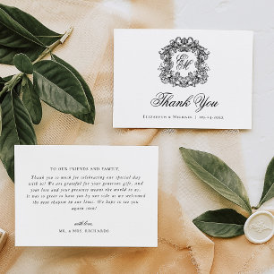 Carte De Remerciements Elégant Monogram Crest Vintage Wedding