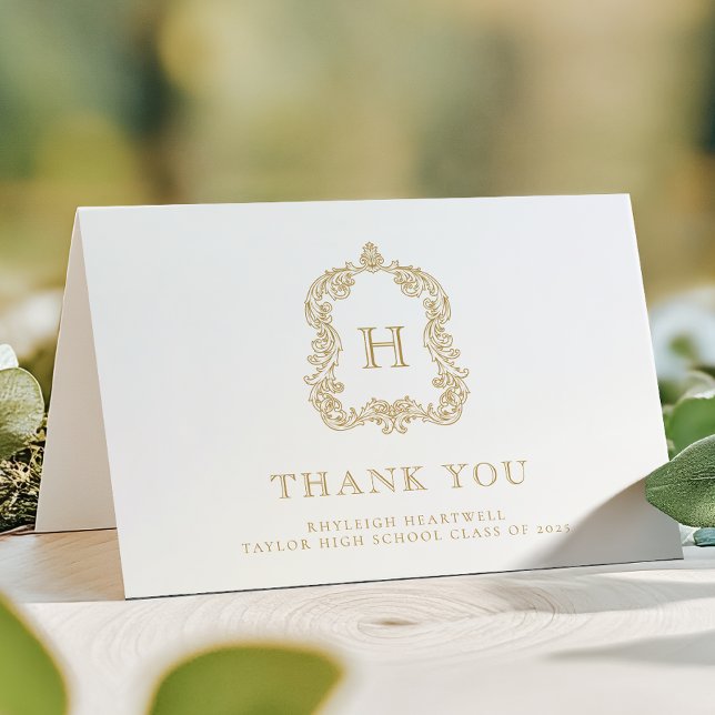 Carte De Remerciements Élégant Monogram Crest White Gold Graduation (Créateur téléchargé)