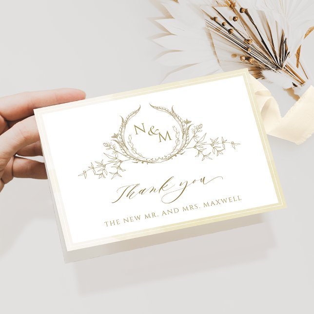 Carte De Remerciements Élégant Monogramme Champagne, Mariage Aquarelle (Créateur téléchargé)