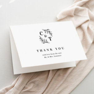 Carte De Remerciements Élégant Monogramme Mariage noir et blanc