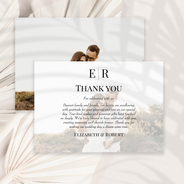 Carte De Remerciements Élégant Monogramme Mariage photo personnalisé (Elegant Monogram Custom Photo Wedding Thank You Card on a sunny neutral dry palm leaf.)