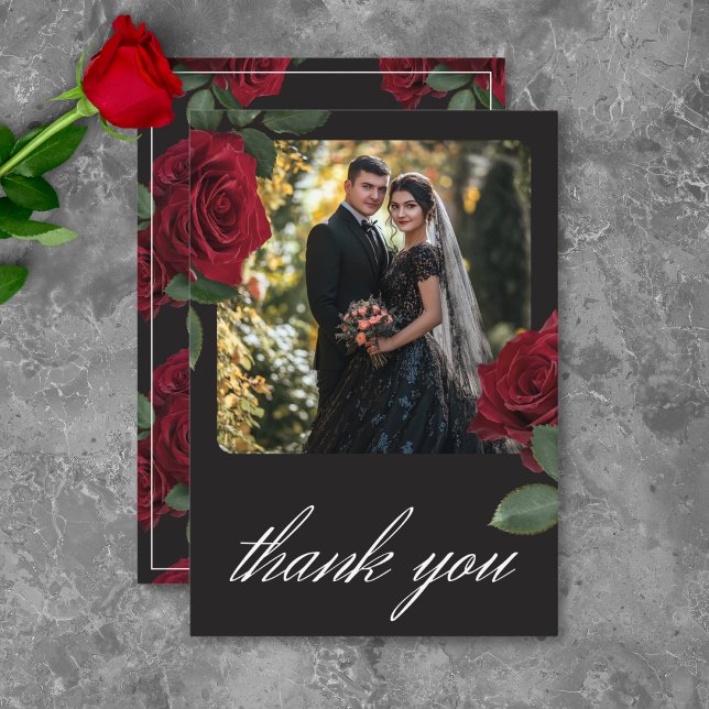 Carte De Remerciements Élégant Moody Blood Red Roses Floral Photo Mariage (Elegant Moody Blood Red Roses Floral Photo Wedding Thank You Card)