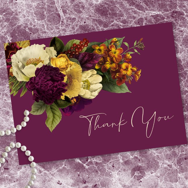 Carte De Remerciements Elegant Moody Jewel Vintage Floral Wine Wedding (Elegant Moody Jewel Vintage Floral Wine Wedding Thank You Card)
