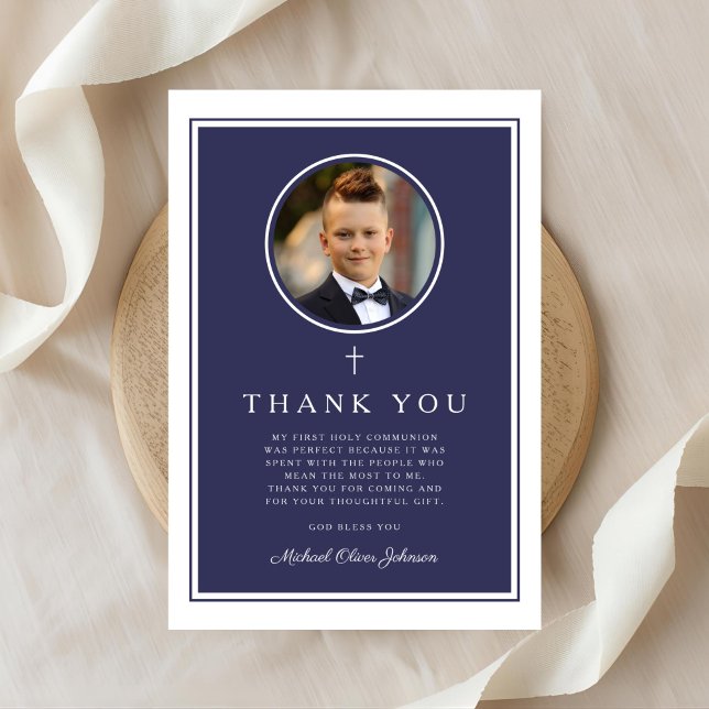Carte De Remerciements Elegant Navy Blue Photo Boy First Communion (Elegant Navy Blue Photo Boy First Communion Thank You Card)