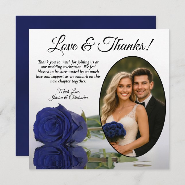 Carte De Remerciements Elegant Navy Blue Rose Oval Photo Romantic Wedding (Devant / Derrière)