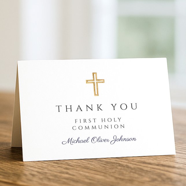 Carte De Remerciements Elegant Navy Blue Script Boy First Communion  (Elegant Navy Blue Script Boy First Communion Thank You Card)