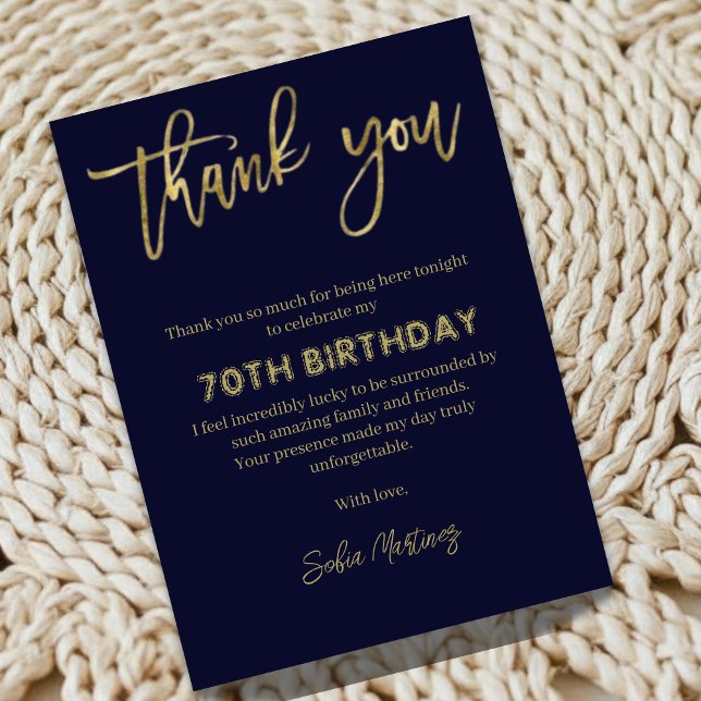 Carte De Remerciements Elegant Navy Gold 70th Birthday Thank You Card (Créateur téléchargé)